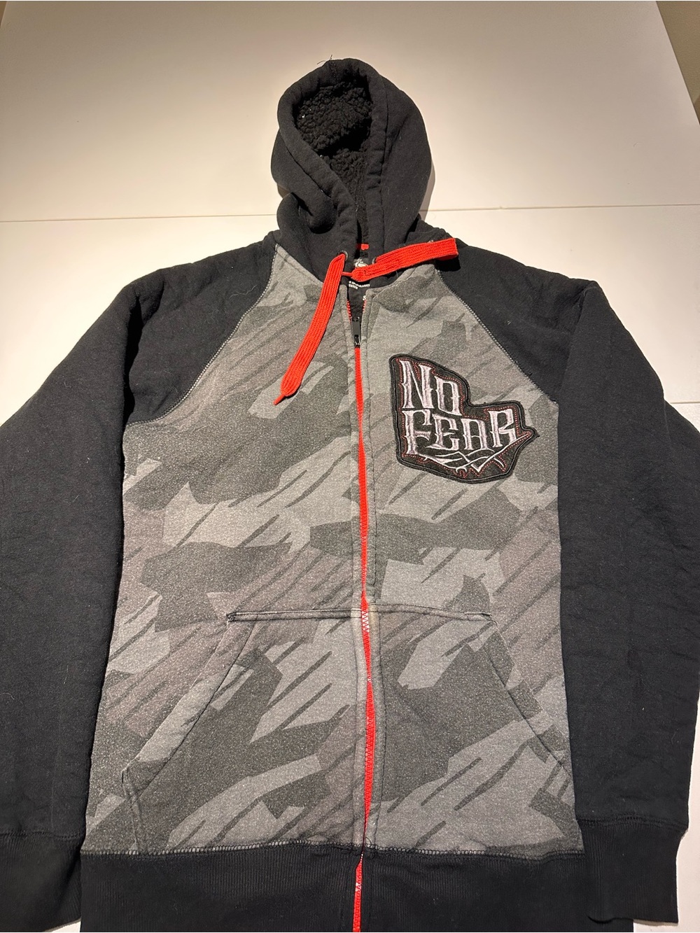 No Fear Men's Black & Gray Camo Full-Zip Hoodie with Red Accents